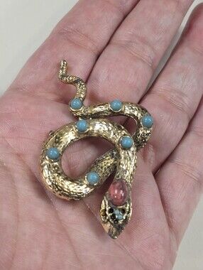 Egyptian Revival Snake Serpent Brooch with Faux Turquoise and Pink Stone